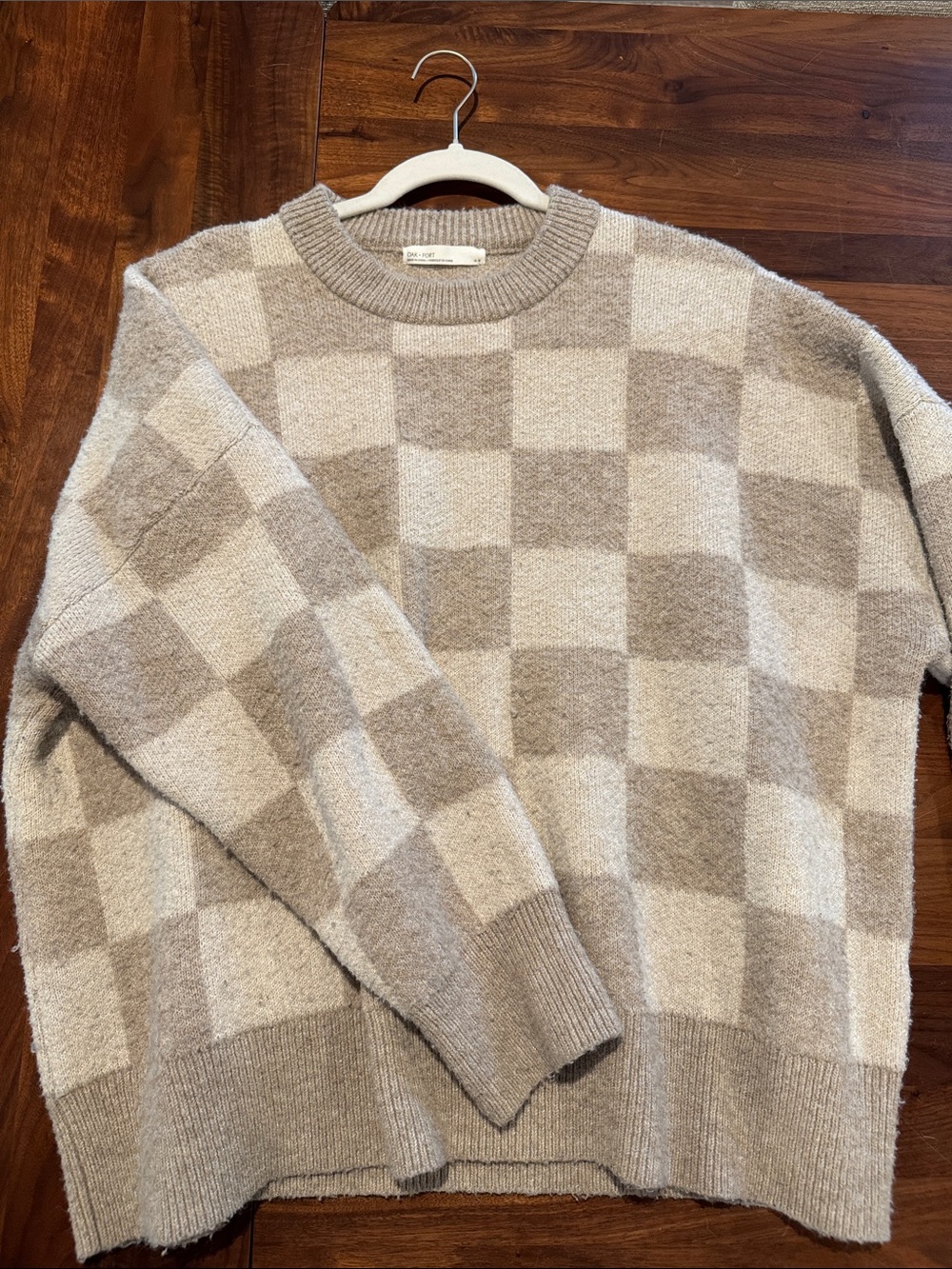 OAK + FORT Beige and Cream Checkered Crewneck Oversized Sweater